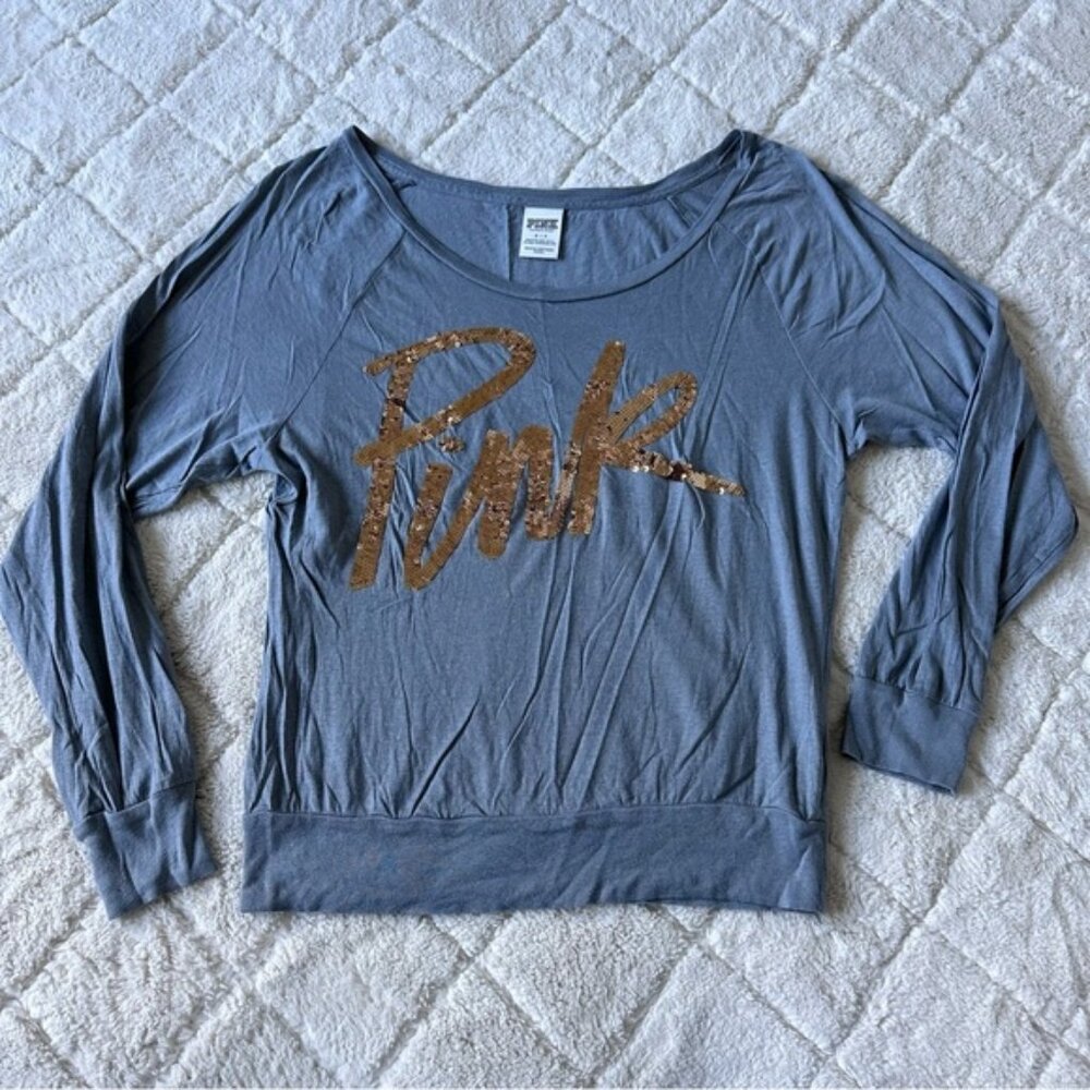 Victoria's Secret PINK | Gray Long sleeve Tee with Gold Bling | Size Small